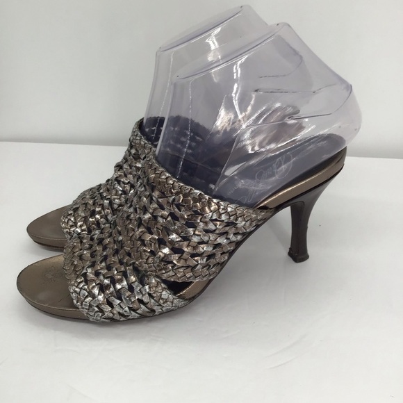 Donald Pliner Alita Leather Metallic Gunmetal Woven Slip-On Mule Heel Size 7.5 N - Picture 2 of 10